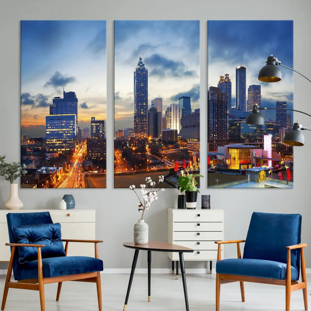 Atlanta City at Sunset Blue Skyline Wall Art Cityscape Canvas Print