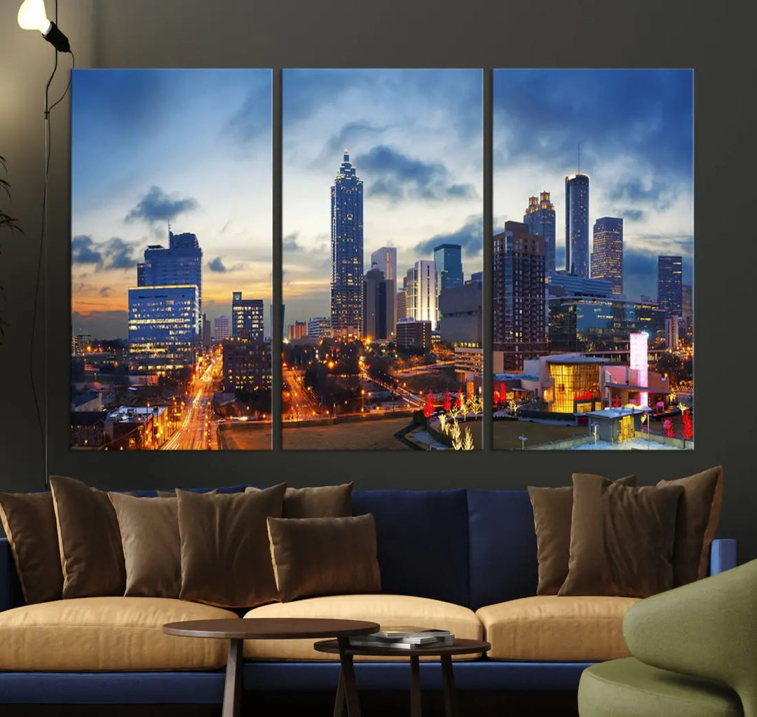 Atlanta City at Sunset Blue Skyline Wall Art Cityscape Canvas Print