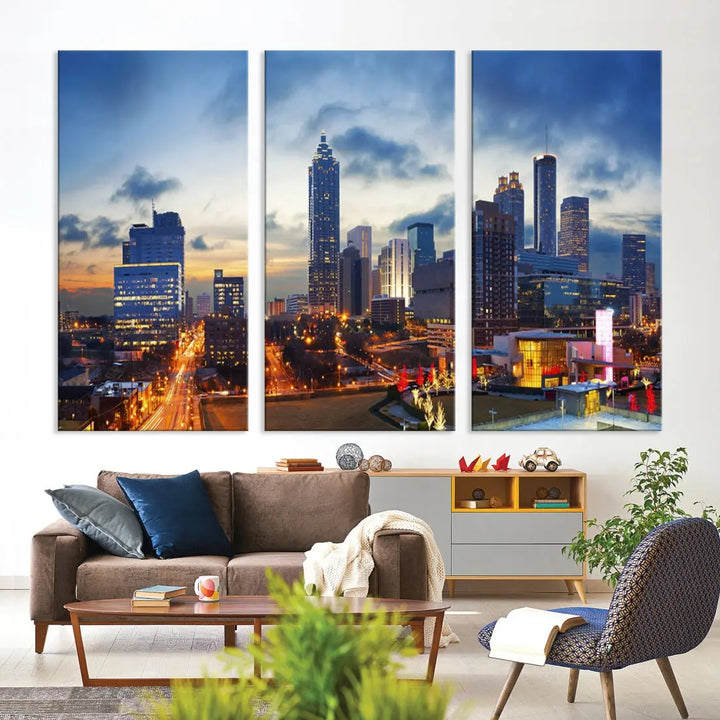 Atlanta City at Sunset Blue Skyline Wall Art Cityscape Canvas Print