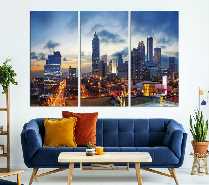 Atlanta City at Sunset Blue Skyline Wall Art Cityscape Canvas Print