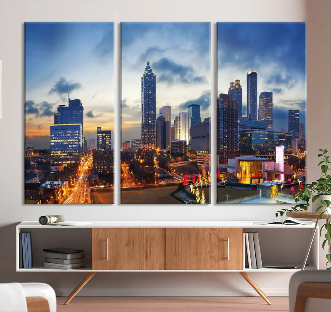 Atlanta City at Sunset Blue Skyline Wall Art Cityscape Canvas Print