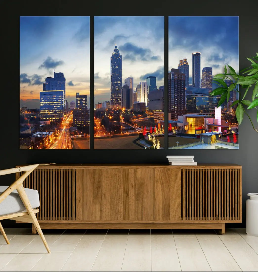 Atlanta City at Sunset Blue Skyline Wall Art Cityscape Canvas Print