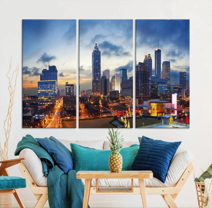 Atlanta City at Sunset Blue Skyline Wall Art Cityscape Canvas Print