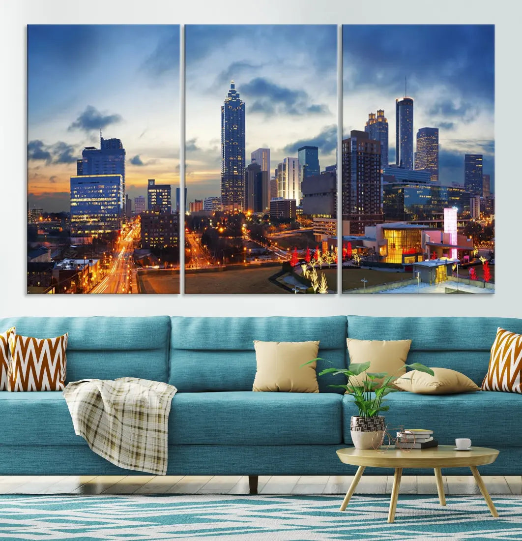 Atlanta City at Sunset Blue Skyline Wall Art Cityscape Canvas Print