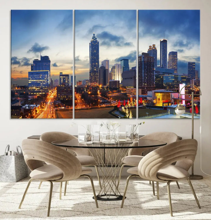 Atlanta City at Sunset Blue Skyline Wall Art Cityscape Canvas Print