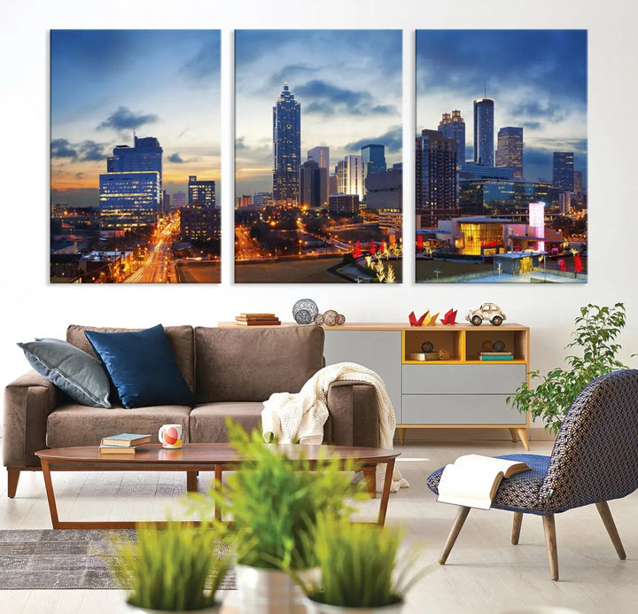 Atlanta City at Sunset Blue Skyline Wall Art Cityscape Canvas Print