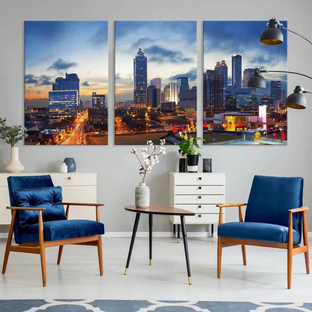 Atlanta City at Sunset Blue Skyline Wall Art Cityscape Canvas Print