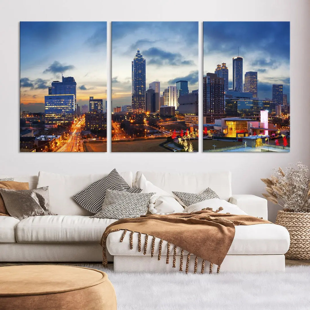 Atlanta City at Sunset Blue Skyline Wall Art Cityscape Canvas Print