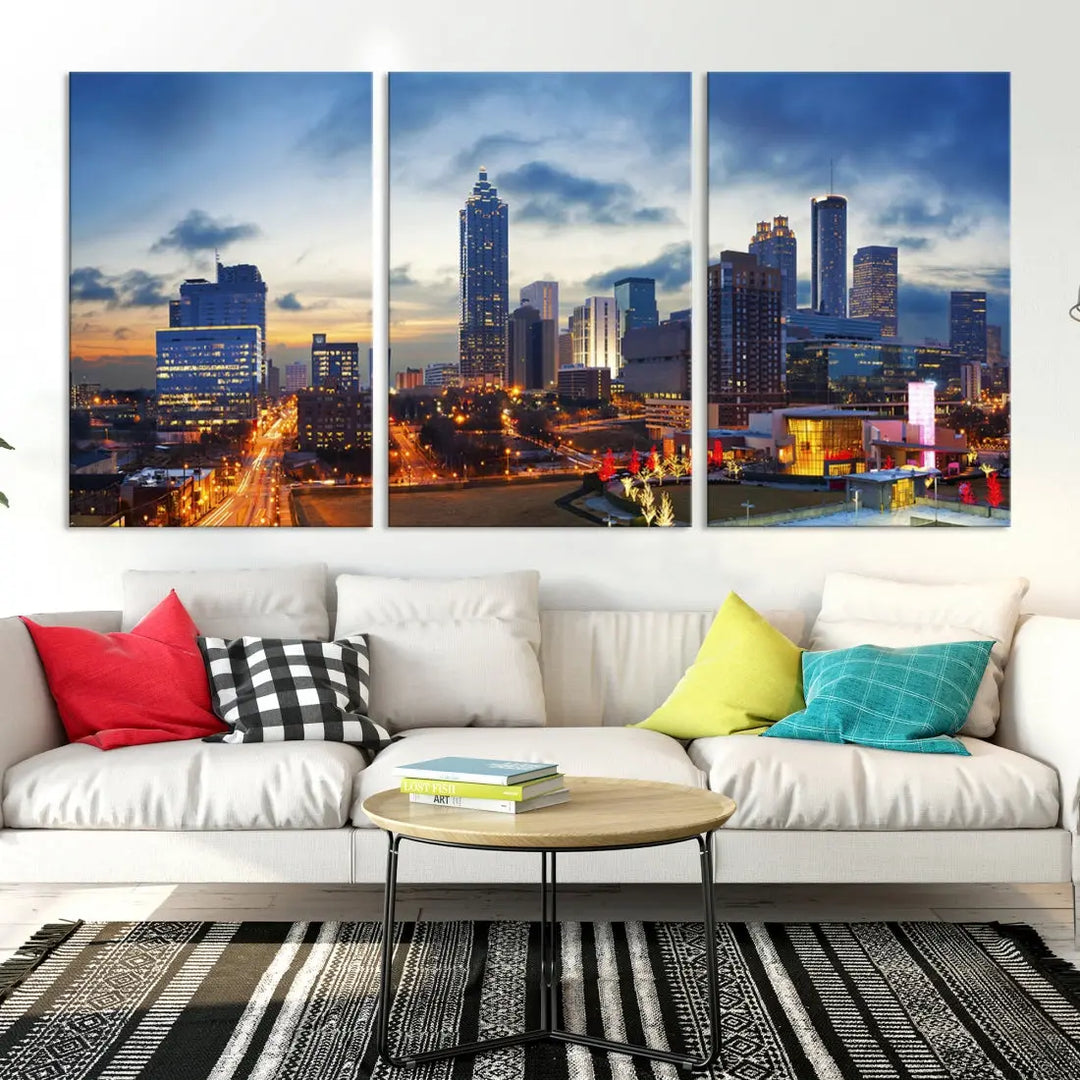 Atlanta City at Sunset Blue Skyline Wall Art Cityscape Canvas Print