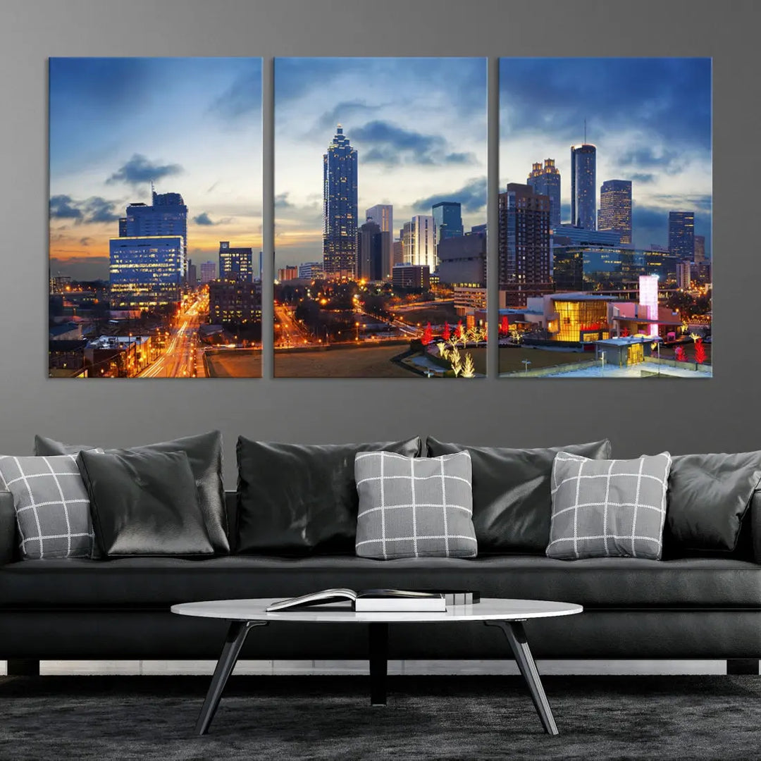 Atlanta City at Sunset Blue Skyline Wall Art Cityscape Canvas Print