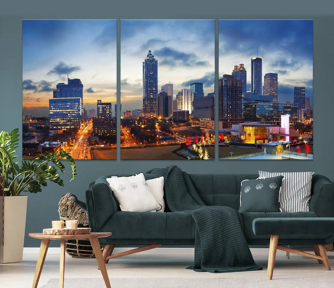 Atlanta City at Sunset Blue Skyline Wall Art Cityscape Canvas Print