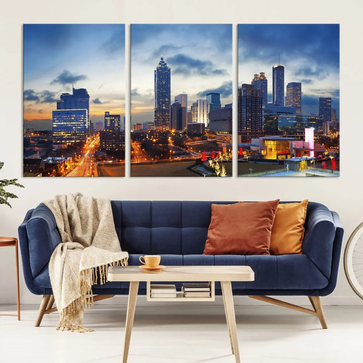 Atlanta City at Sunset Blue Skyline Wall Art Cityscape Canvas Print