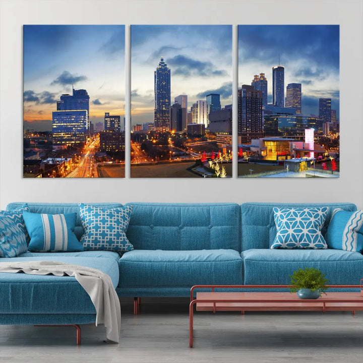 Atlanta City at Sunset Blue Skyline Wall Art Cityscape Canvas Print