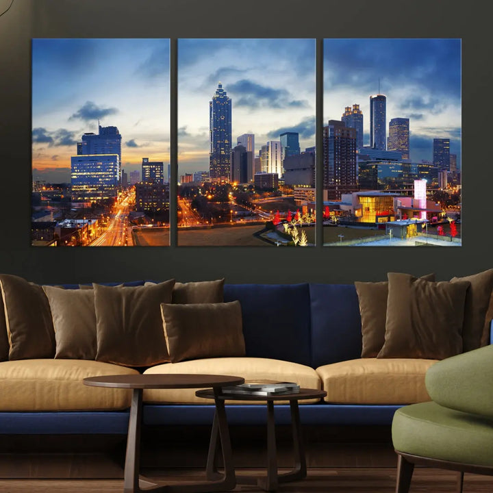 Atlanta City at Sunset Blue Skyline Wall Art Cityscape Canvas Print