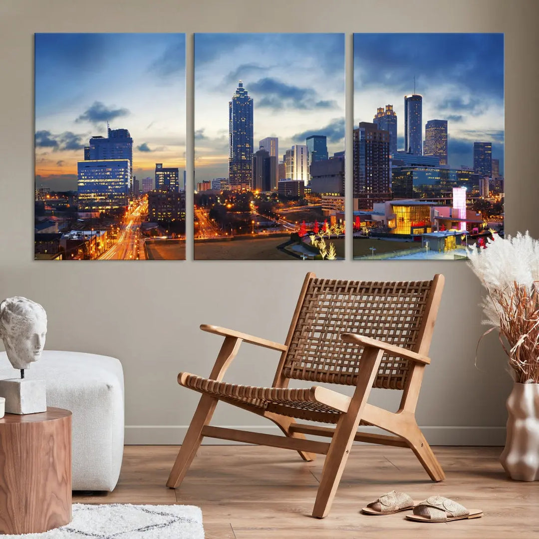 Atlanta City at Sunset Blue Skyline Wall Art Cityscape Canvas Print