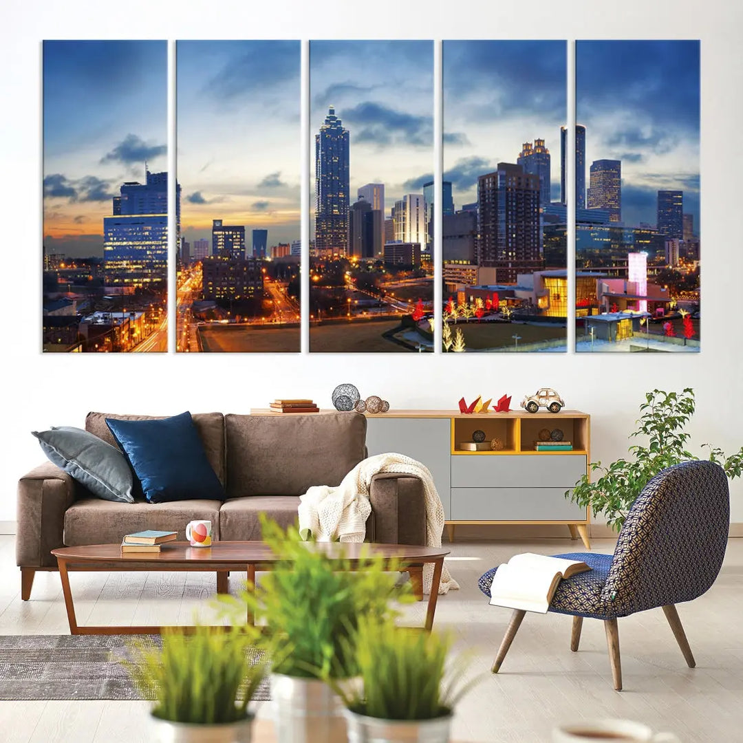 Atlanta City at Sunset Blue Skyline Wall Art Cityscape Canvas Print