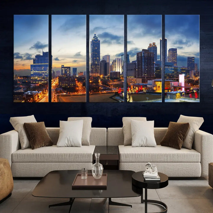 Atlanta City at Sunset Blue Skyline Wall Art Cityscape Canvas Print