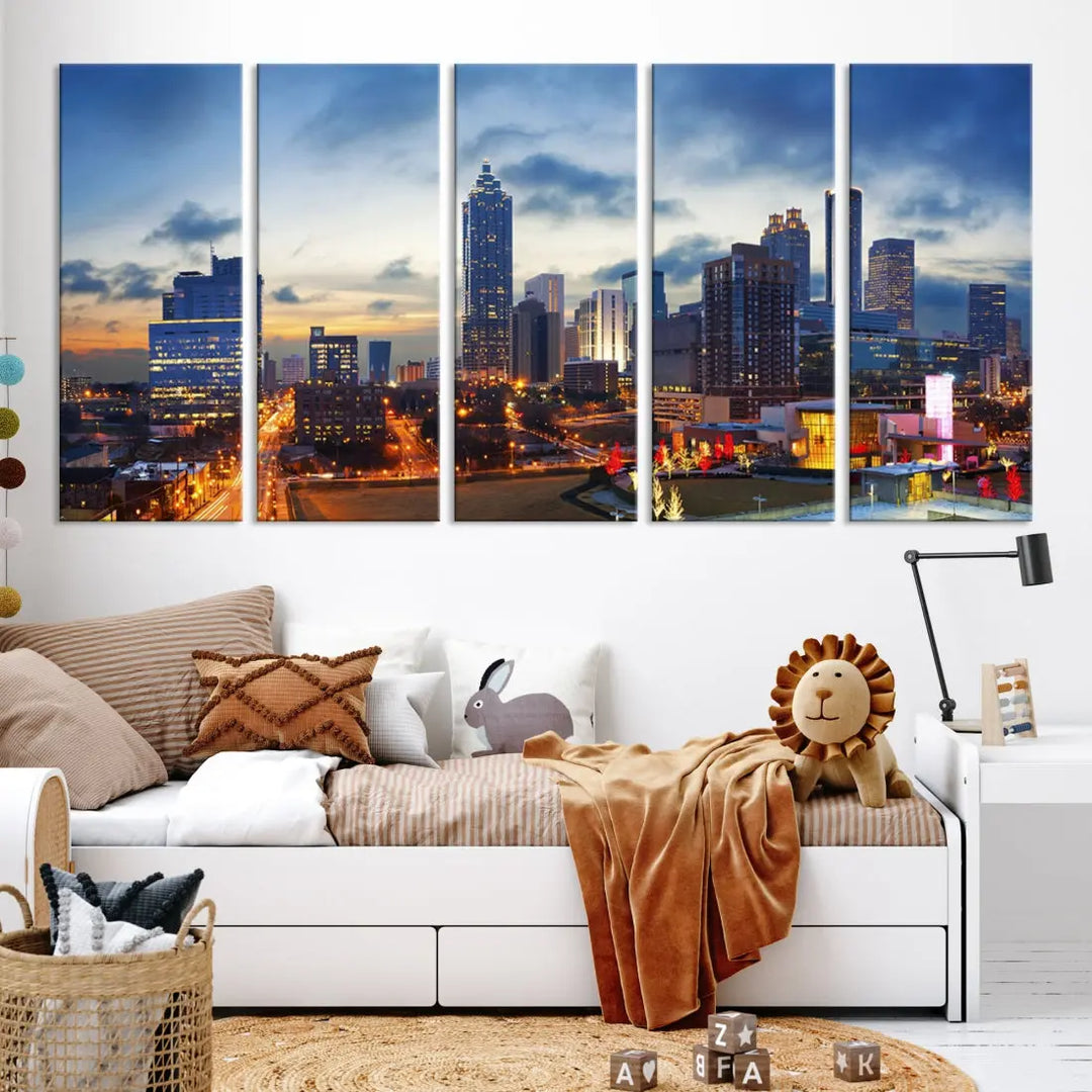 Atlanta City at Sunset Blue Skyline Wall Art Cityscape Canvas Print