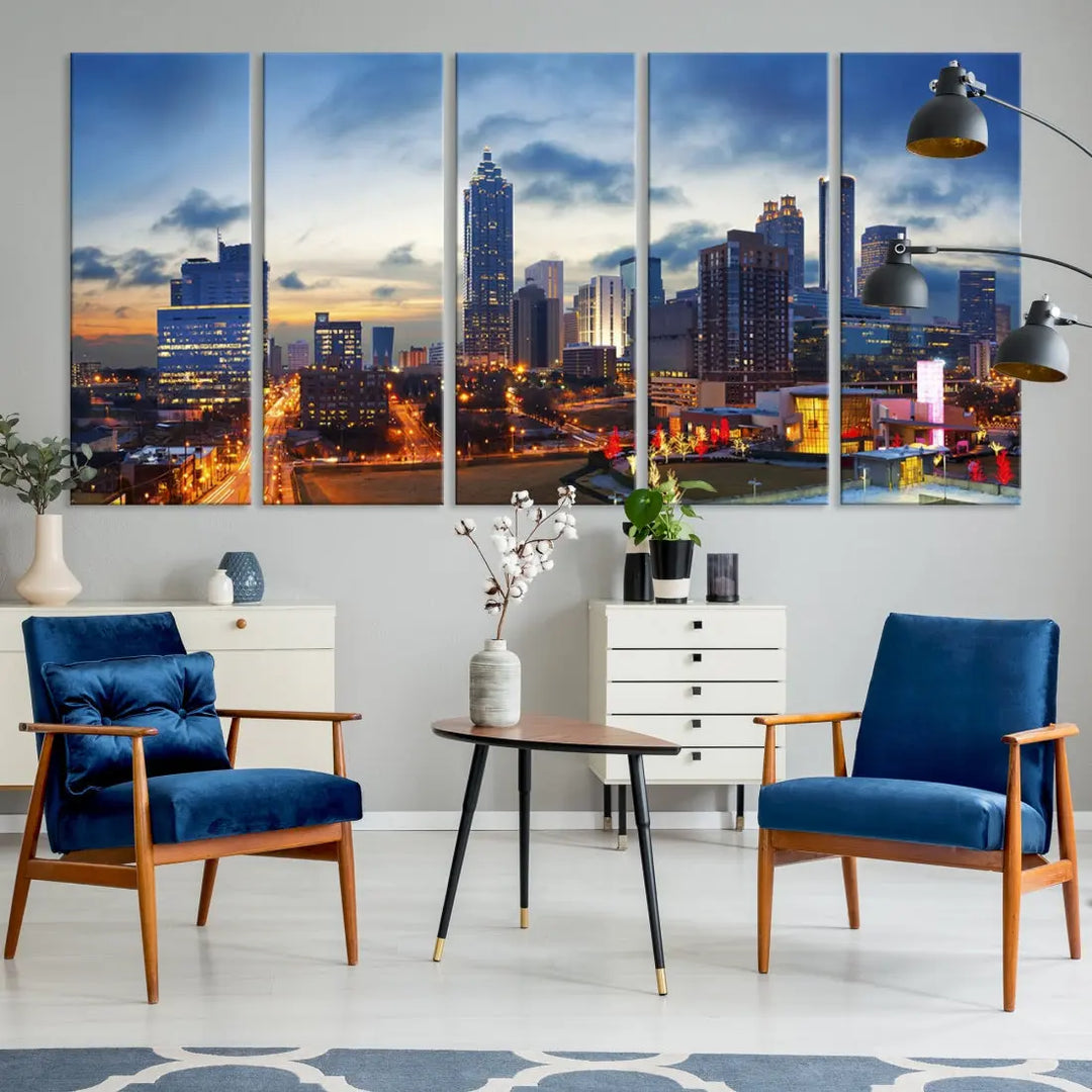 Atlanta City at Sunset Blue Skyline Wall Art Cityscape Canvas Print