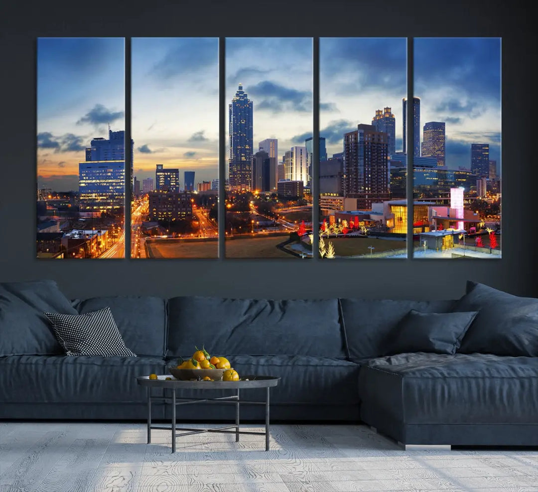 Atlanta City at Sunset Blue Skyline Wall Art Cityscape Canvas Print