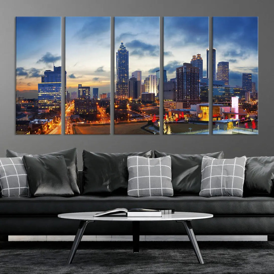 Atlanta City at Sunset Blue Skyline Wall Art Cityscape Canvas Print