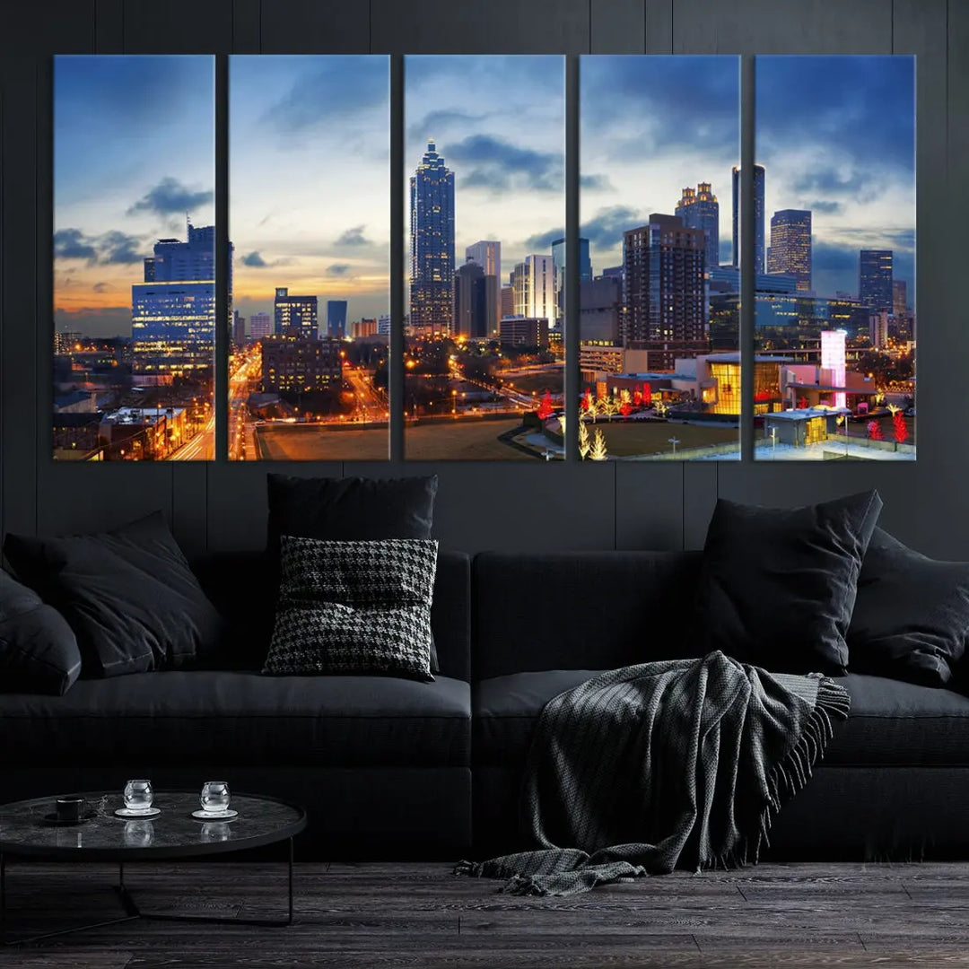 Atlanta City at Sunset Blue Skyline Wall Art Cityscape Canvas Print