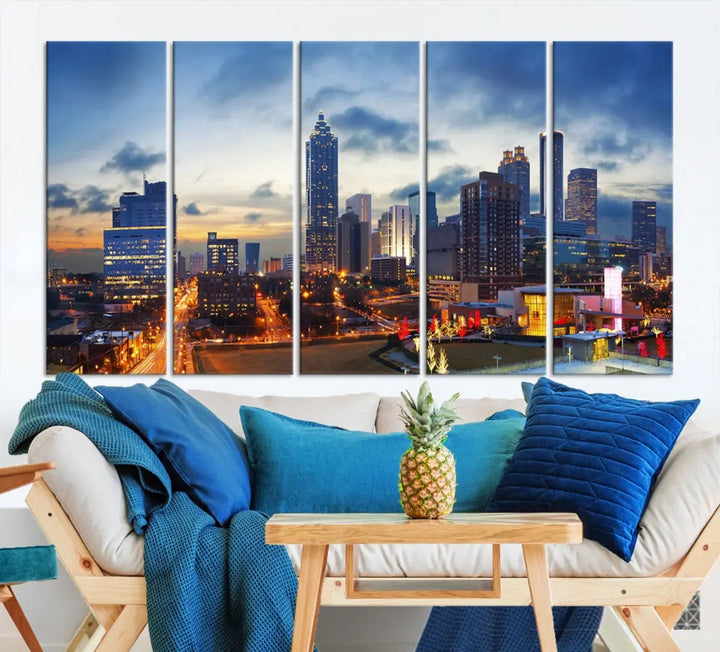 Atlanta City at Sunset Blue Skyline Wall Art Cityscape Canvas Print