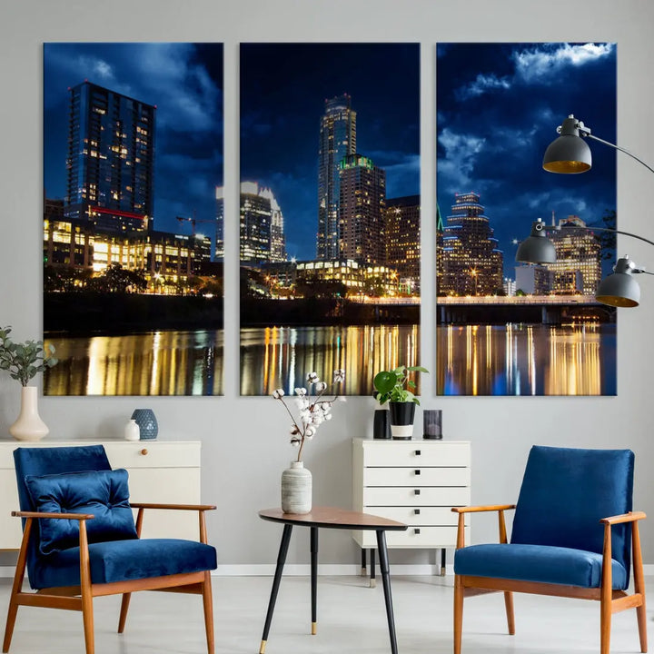 Austin City Blue Night Skyline Wall Art Print Cityscape Canvas Wall Decor