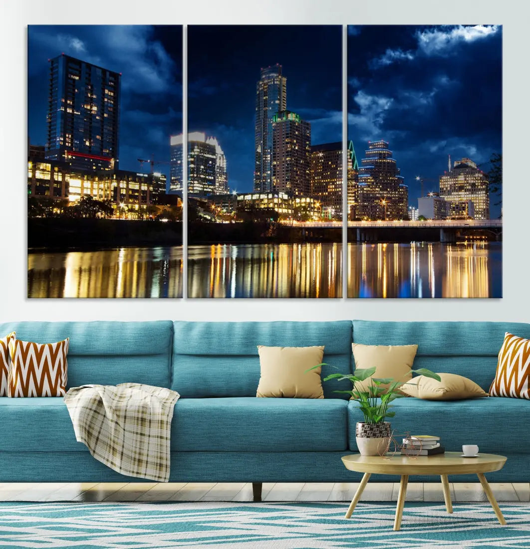 Austin City Blue Night Skyline Wall Art Print Cityscape Canvas Wall Decor