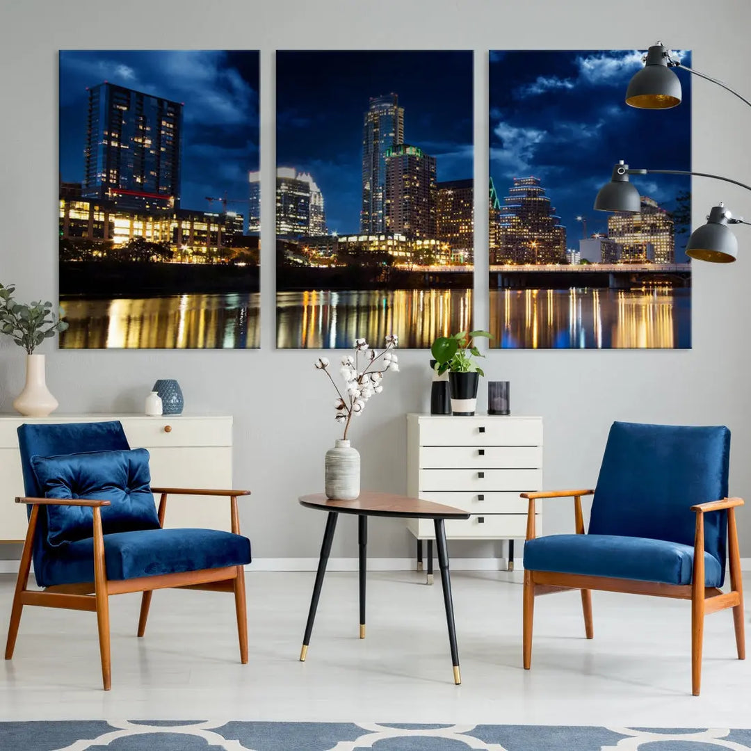 Austin City Blue Night Skyline Wall Art Print Cityscape Canvas Wall Decor