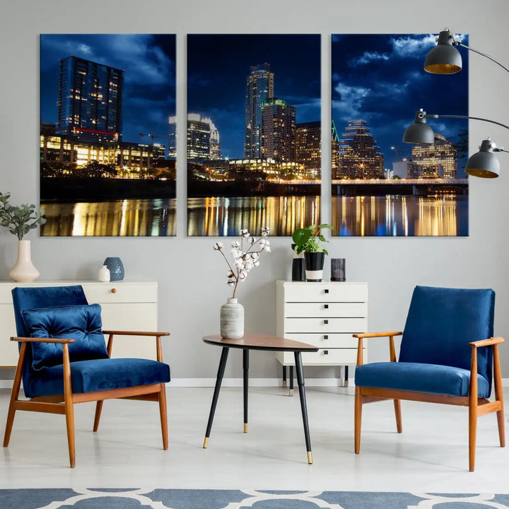 Austin City Blue Night Skyline Wall Art Print Cityscape Canvas Wall Decor