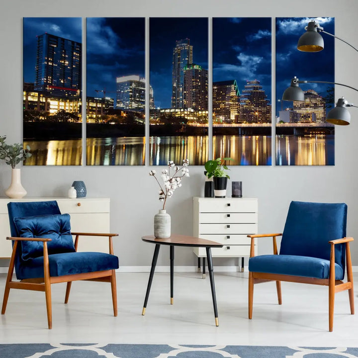 Austin City Blue Night Skyline Wall Art Print Cityscape Canvas Wall Decor