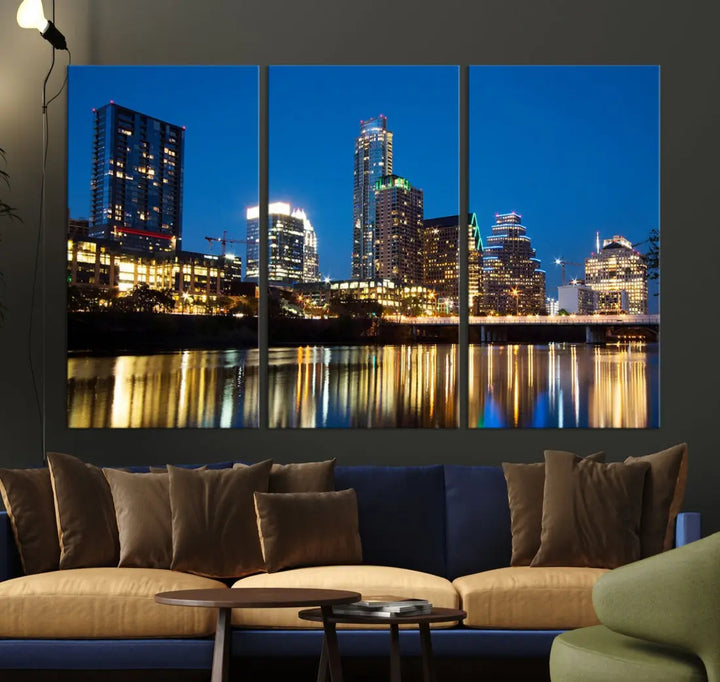 Austin City Cityscape Night Blue Skyline Large Wall Art Canvas Print