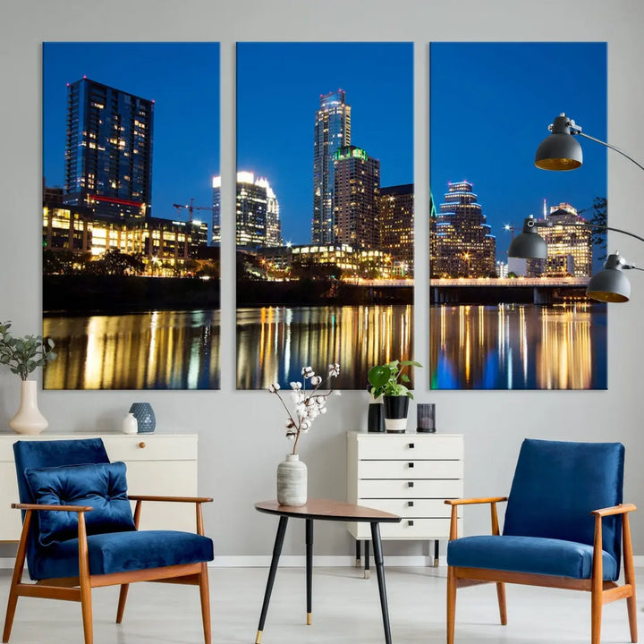 Austin City Cityscape Night Blue Skyline Large Wall Art Canvas Print