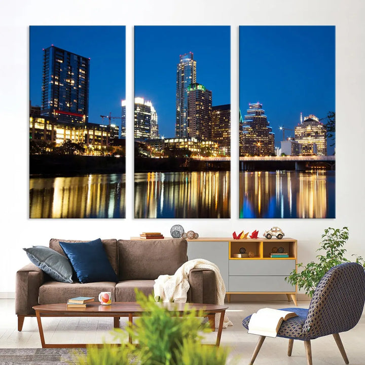 Austin City Cityscape Night Blue Skyline Large Wall Art Canvas Print