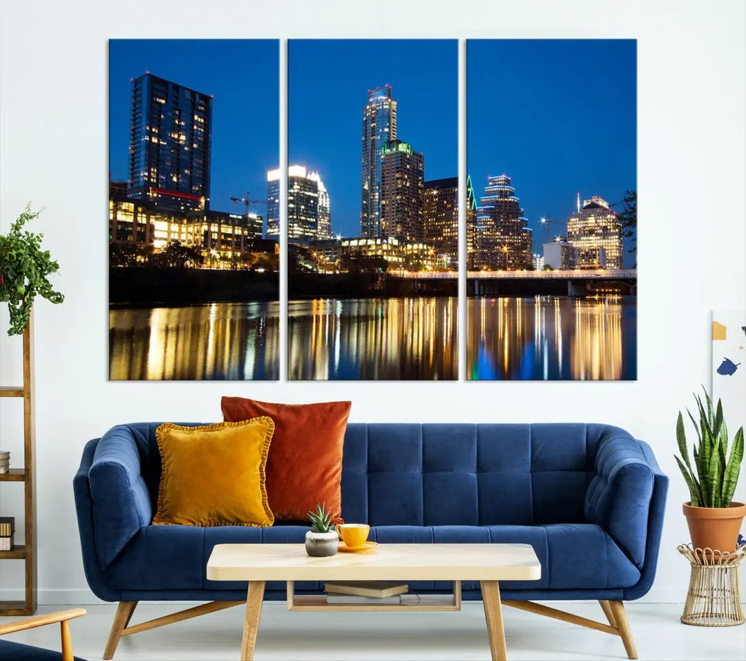 Austin City Cityscape Night Blue Skyline Large Wall Art Canvas Print