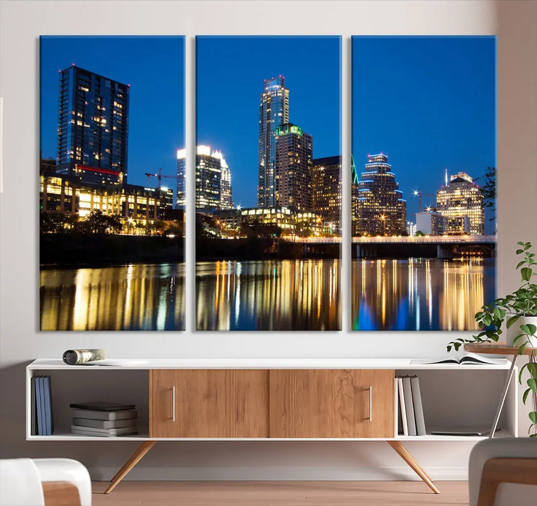 Austin City Cityscape Night Blue Skyline Large Wall Art Canvas Print