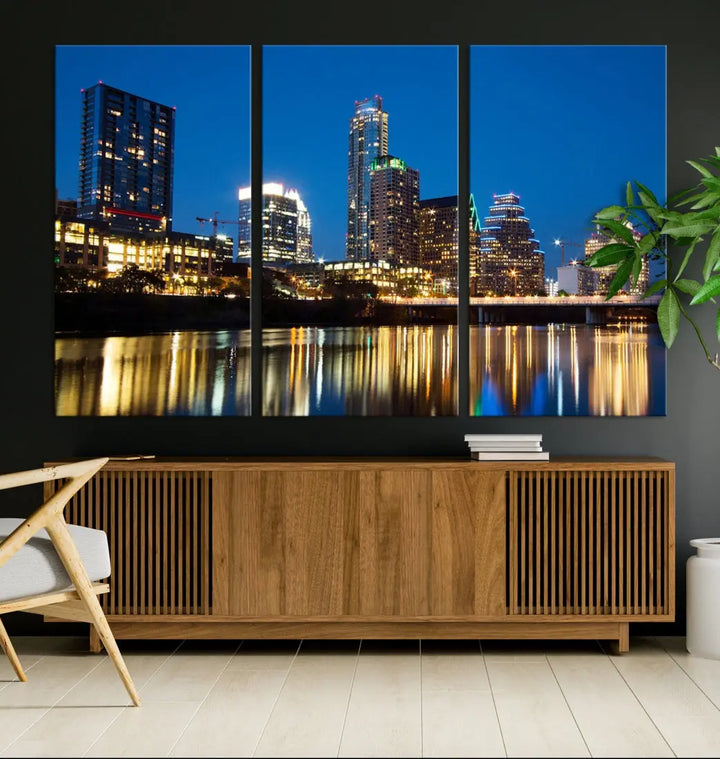 Austin City Cityscape Night Blue Skyline Large Wall Art Canvas Print