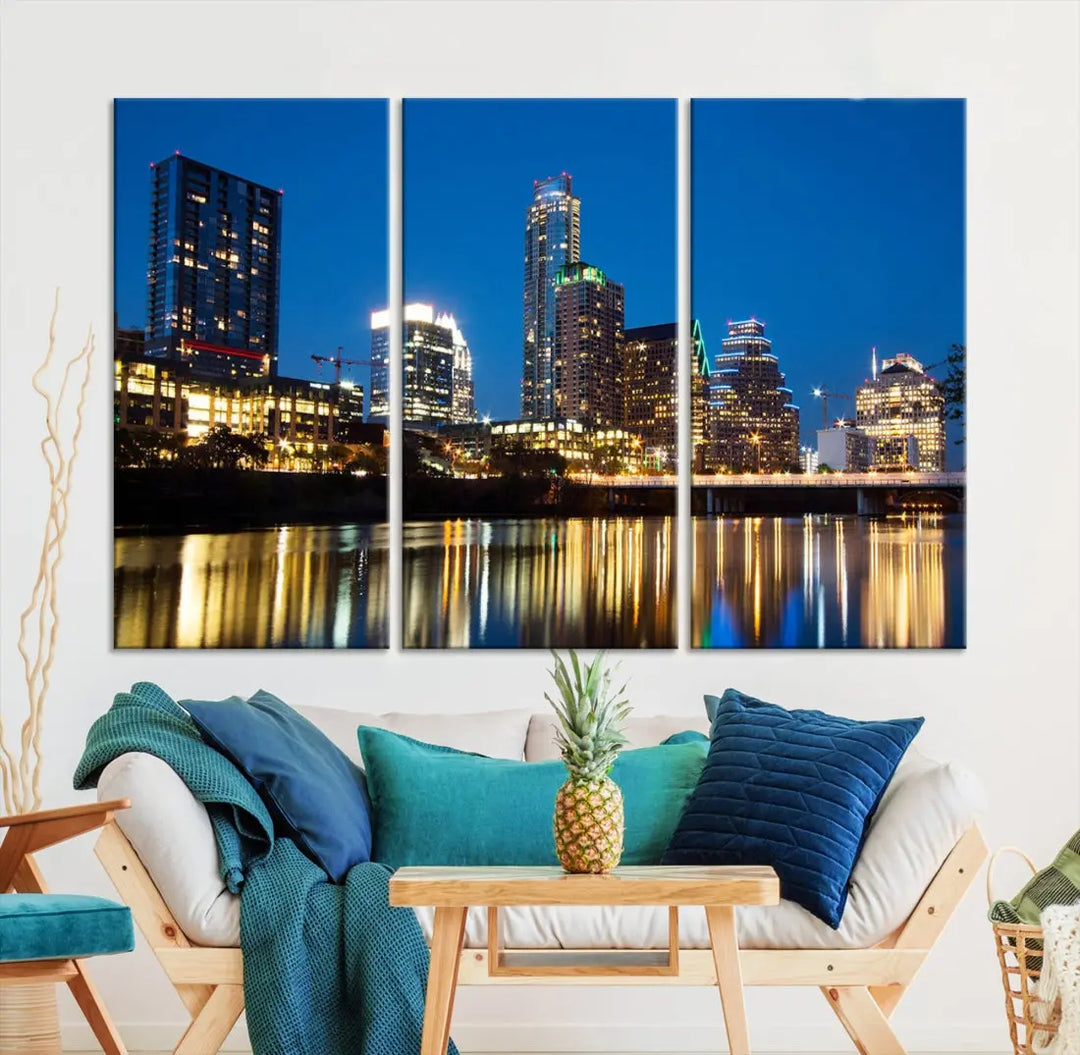 Austin City Cityscape Night Blue Skyline Large Wall Art Canvas Print