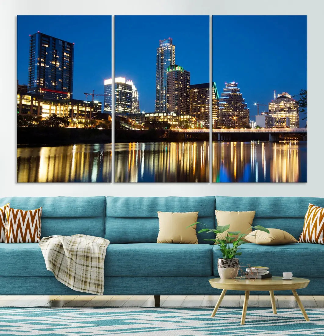 Austin City Cityscape Night Blue Skyline Large Wall Art Canvas Print