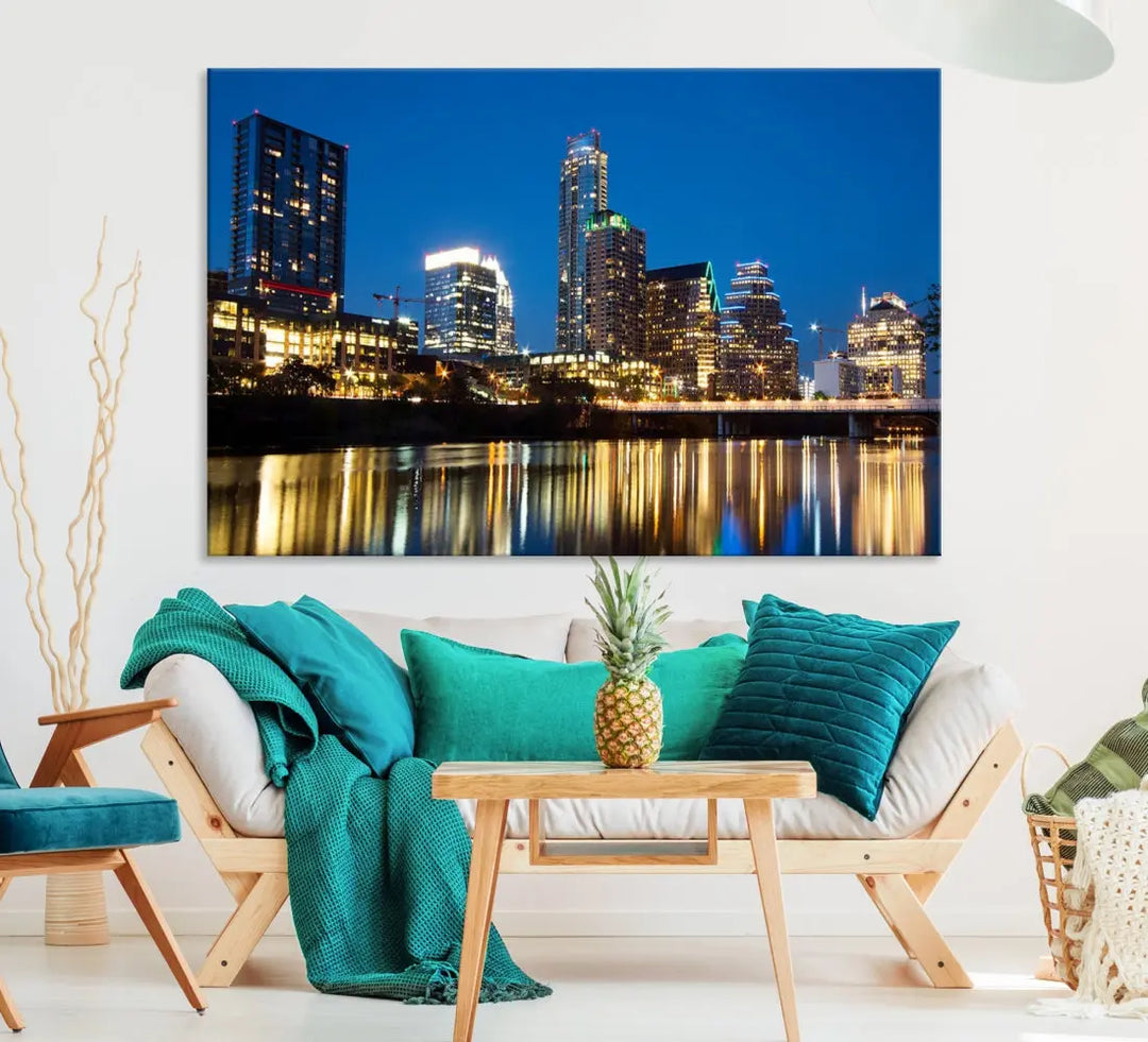 Austin City Cityscape Night Blue Skyline Large Wall Art Canvas Print