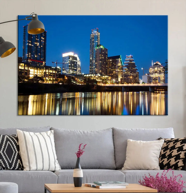 Austin City Cityscape Night Blue Skyline Large Wall Art Canvas Print