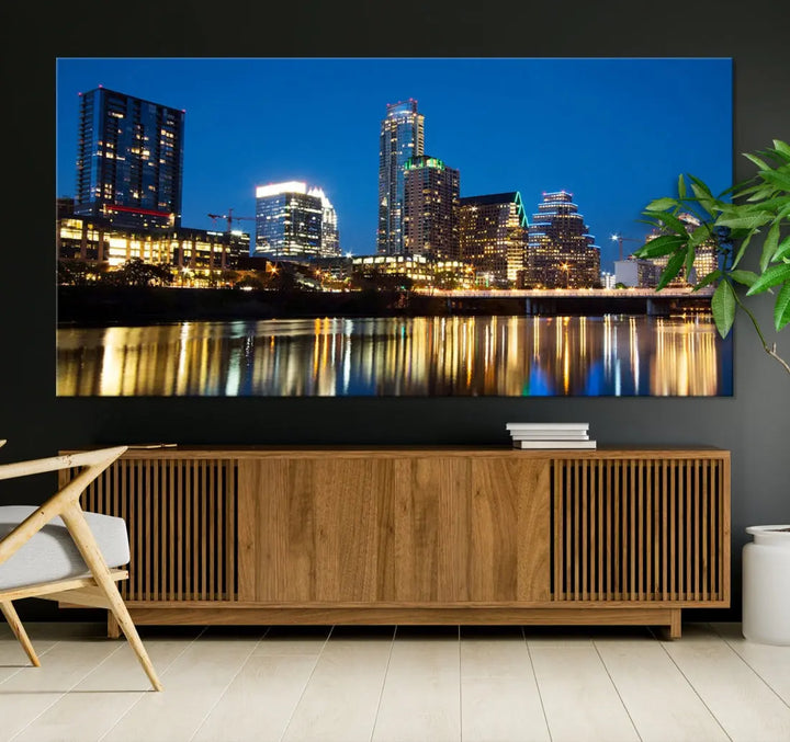 Austin City Cityscape Night Blue Skyline Large Wall Art Canvas Print