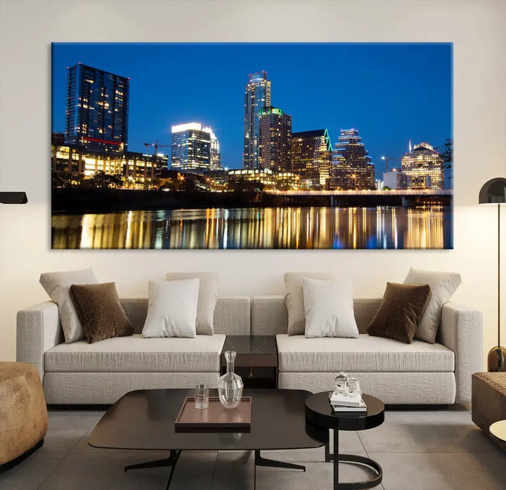 Austin City Cityscape Night Blue Skyline Large Wall Art Canvas Print