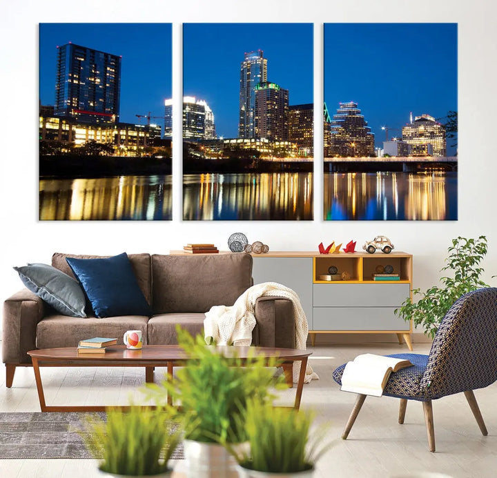 Austin City Cityscape Night Blue Skyline Large Wall Art Canvas Print