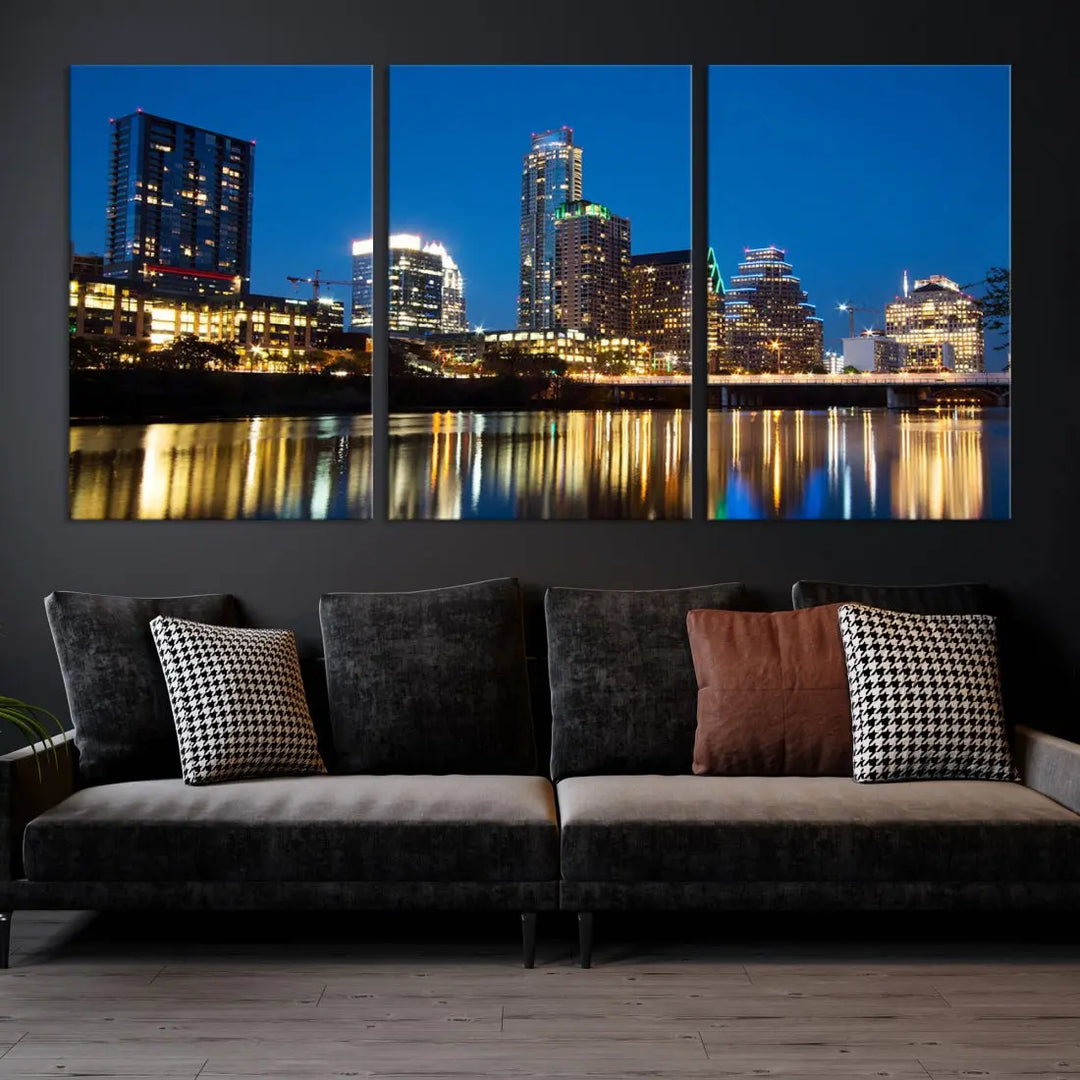 Austin City Cityscape Night Blue Skyline Large Wall Art Canvas Print