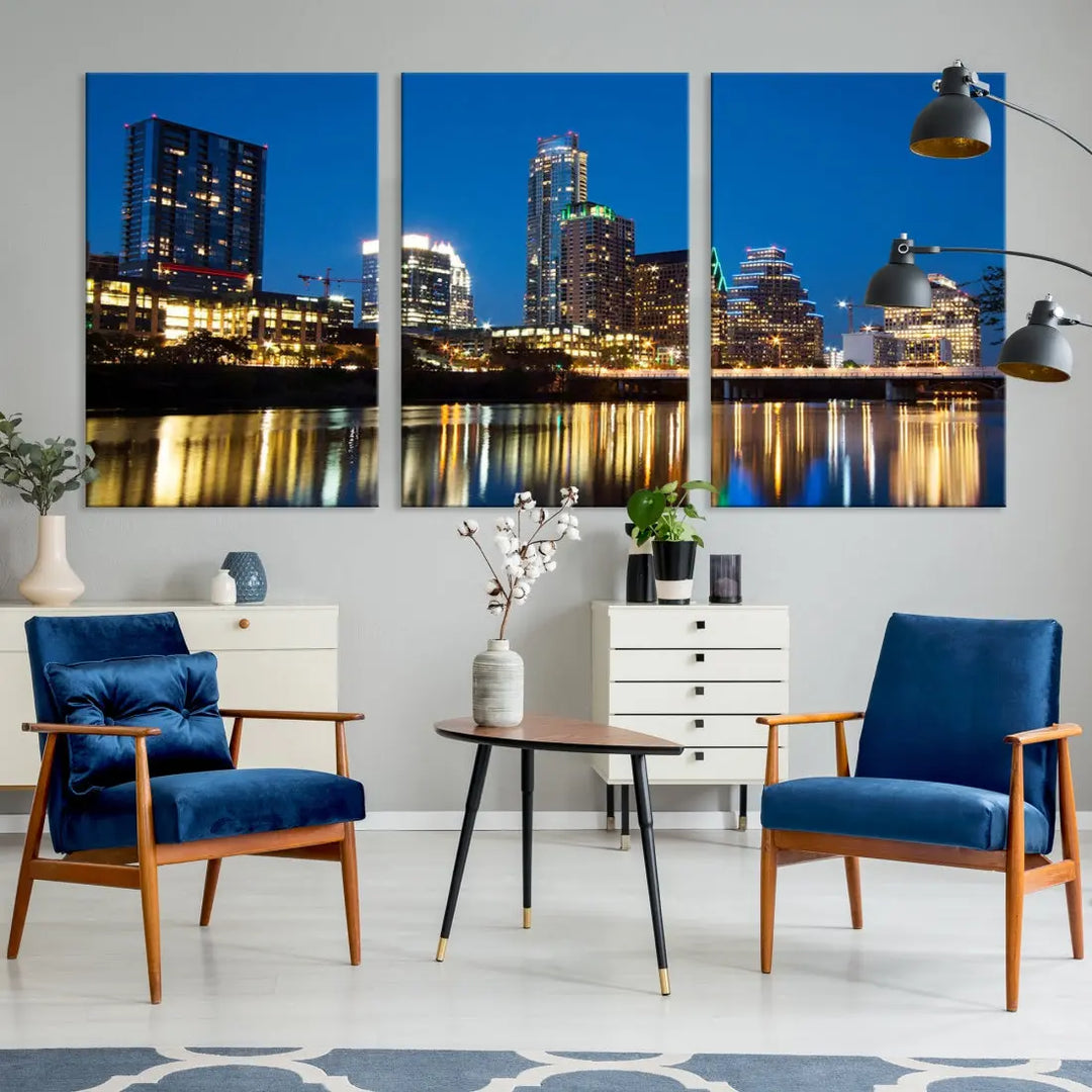 Austin City Cityscape Night Blue Skyline Large Wall Art Canvas Print