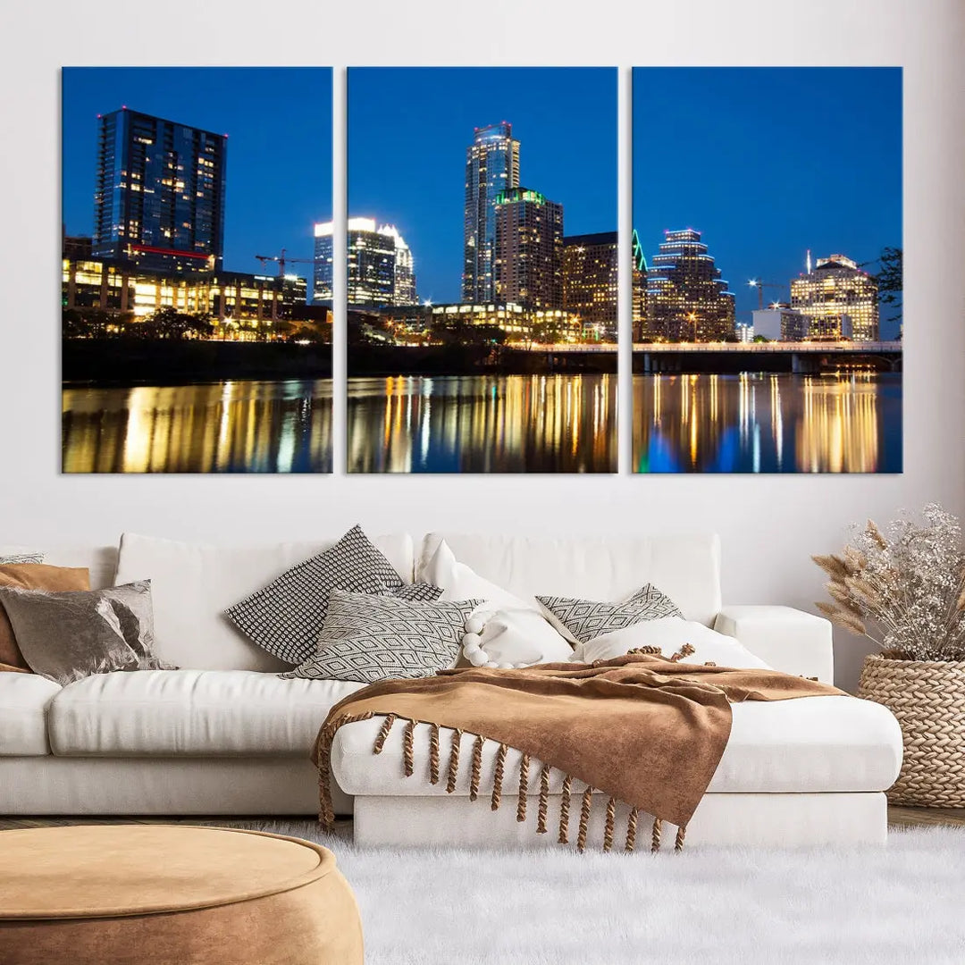 Austin City Cityscape Night Blue Skyline Large Wall Art Canvas Print