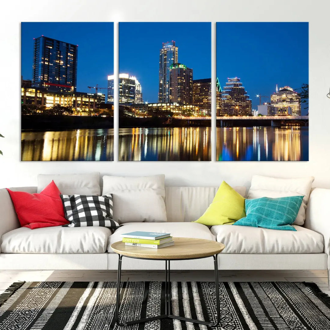 Austin City Cityscape Night Blue Skyline Large Wall Art Canvas Print