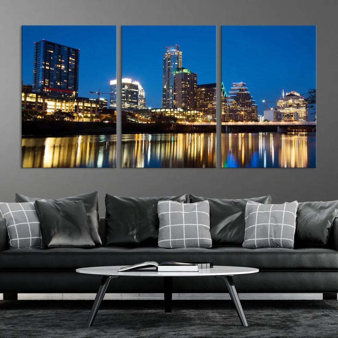 Austin City Cityscape Night Blue Skyline Large Wall Art Canvas Print